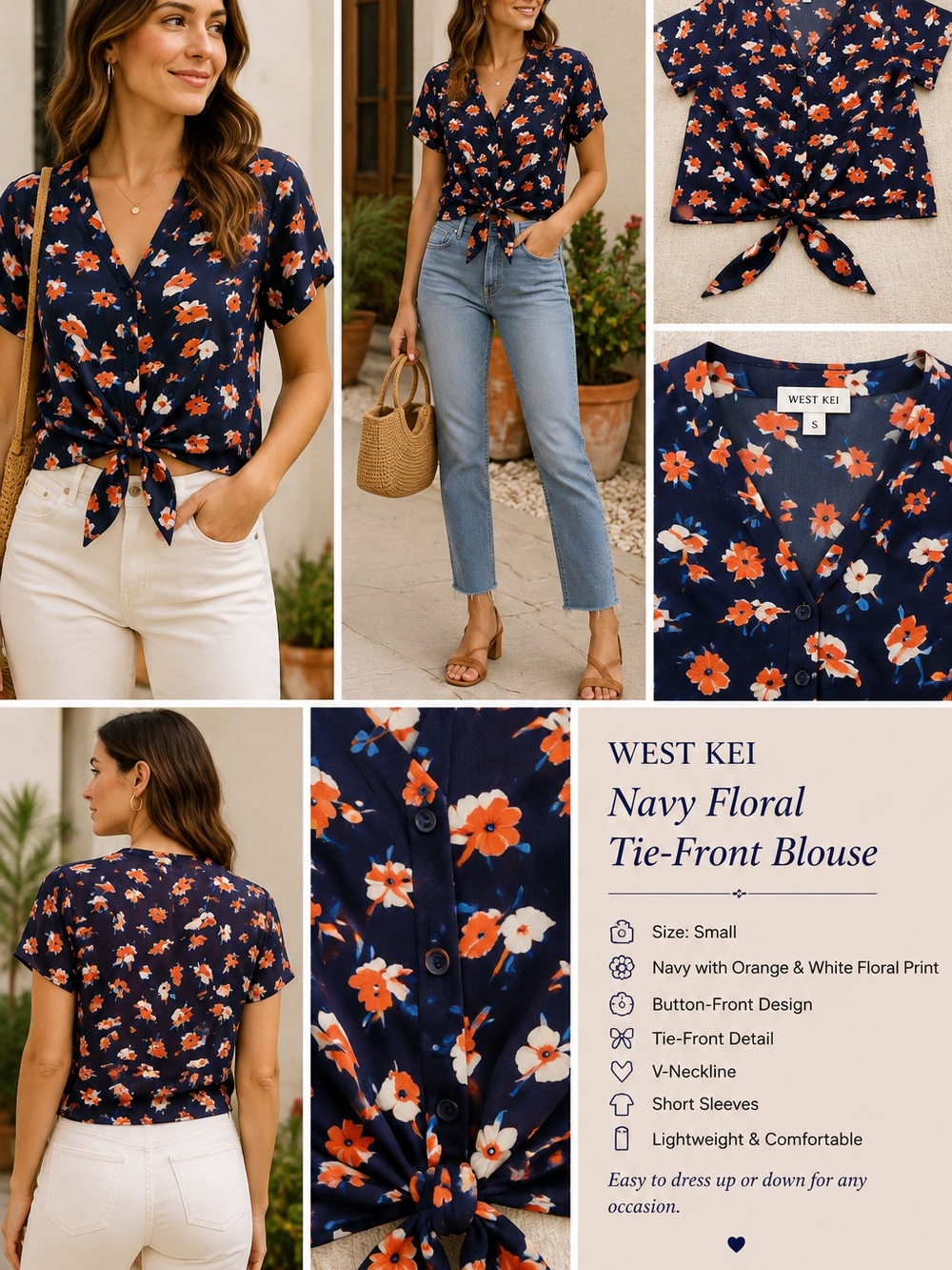 West Kei Navy Floral Tie-Front Blouse – Size Small
